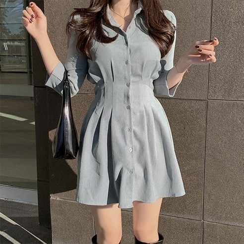 원피스  [레티고] 여성 허리 라인 긴팔 셔츠 미니 원피스