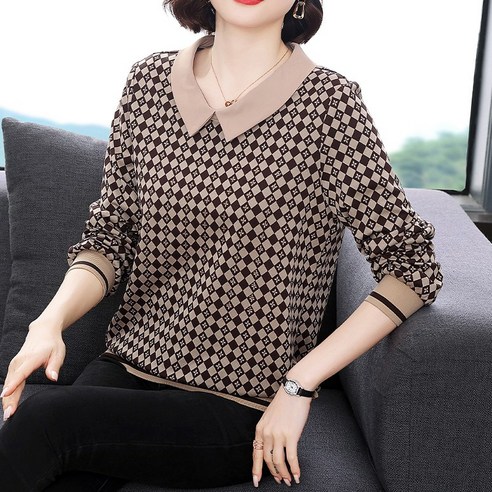 중년여성을 위한 고급체크 무늬 티셔츠, 바니드 0299