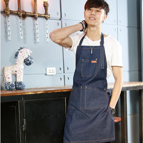 데님 앞치마 커피 밀크티 가게 타투이스트 주방 요리하다 남녀 회화 식당 작업복 프린트, 성인 길이 75cm