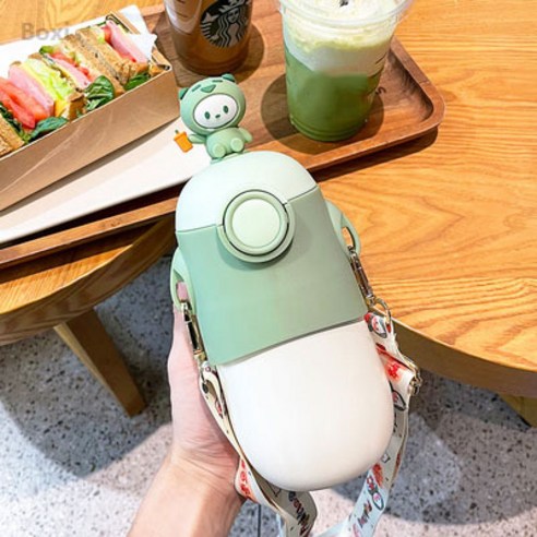 [LM] 500ml Kawaii 토끼 보온병 귀여운 스테인레스 스틸 보온병 물병 빨대와 절연 차가운 음료 컵, {"크기":"500ml"}, Green