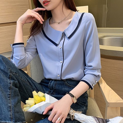 KORELAN 가을 긴팔 여성 상의감 셔츠 루즈핏 쉬폰 셔츠 러쉬