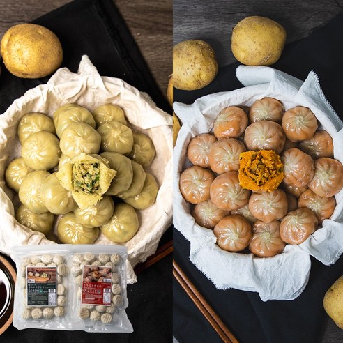 맛의 조화를 위한 감자 고기와 김치 만두 세트