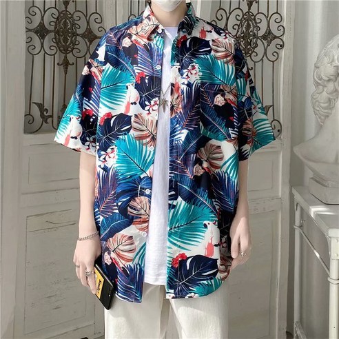 M-3XL 남성용 트로피컬 리프 프린트 패션 반팔 셔츠