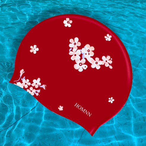 귀 보호 방수 실리콘 수영 모자, 붉은 꽃 바다 모자 (플러스)