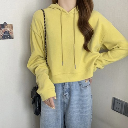 일이오 여성 비비드 심플 루즈핏 크롭 후드티