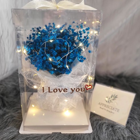 [무료 레터링+잎카드+LED] 프리저브드 드라이플라워 안개 꽃다발 플라워 박스 선물, 블루