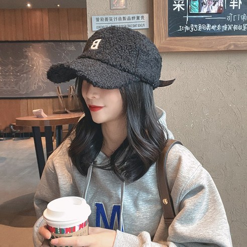 미국 스타일 레트로 ~ 양모 모자 여성 겨울 모든 경기 모자 한국어 스타일 인터넷 연예인 플러시 따뜻한 야구 모자, 편지 B 모든 경기 블랙