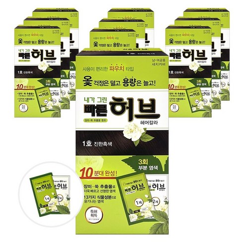 광동제약 내가그린 빠른허브 헤어칼라 염색약, 1호 진한흑색 파우치, 10개