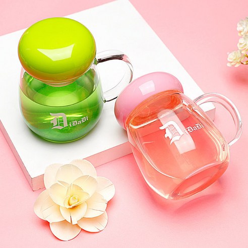 [손해 보상] 유리 컵 사무실 향기로운 차 컵 남성과 여성의 가정용 차 컵 380Ml 물 컵, 색깔2_컵 + 러브 스푼