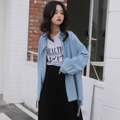 SU 블루 데님 셔츠 여성 분할 봄과 가을 새로운 레트로 세련된 긴팔 탑 디자인 감각 틈새 한국어 스타일