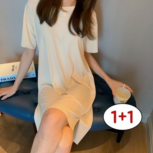 1+1 휘잇 심플 라운드넥 반팔 미디 롱 티셔츠 원피스