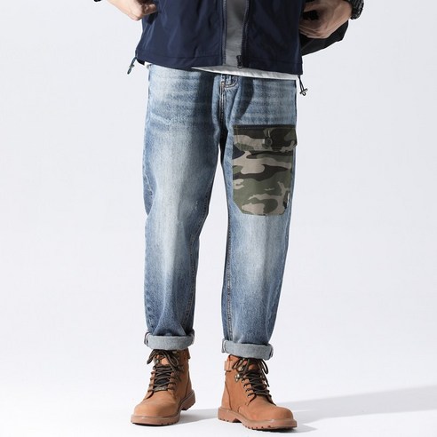 [CCOLATINI] 가을 새로운 복고풍 청바지 남성 Ins 패션 브랜드 느슨한 스트레이트 바지 위장 가방 남자 바지 가을 겨울