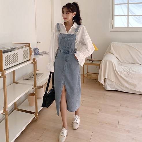 뷔스티에원피스 뷔스티에원피스 엘쏘 스퀘어 카라 햅번 원피스 허리 슬리밍 롱 커스트 떳다그녀 카튼 멜빵 데님 롱 원피스