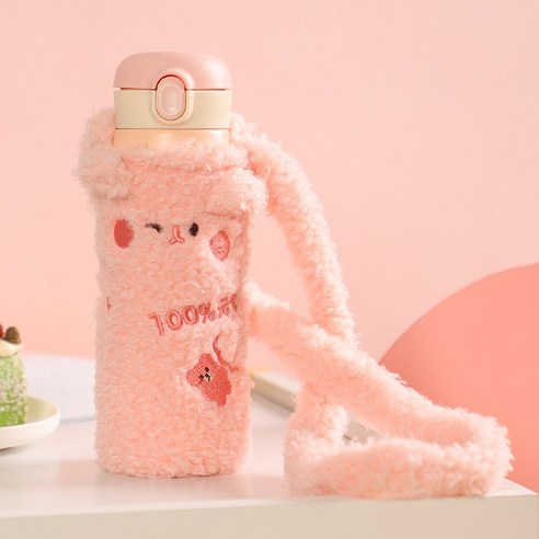 [LM] 거품 우유 차 보온병 병 곰 오리 플러시 커버 스트랩 절연 스테인레스 스틸 여행 물 진공 컵 선물, 420ml, Pink A