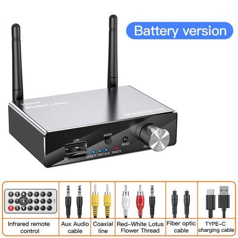 DAC 블루투스 5.3 수신기 송신기 광 동축 AUX RCA USB TF 무선 오디오 어댑터 디지털 아날로그 변환기 6 in, Built-in Battery, 01 Built-in Battery