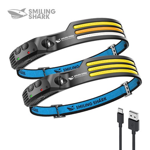 Smiling Shark 공식스토어 헤드램프 USB 빠른 충전타입 LED 라이트 센셔형으로 머리랜턴 230° 강광 단 108G 초경량 아웃도어용 가능 낚시 캠핑 트래킹 작업등, 2, 화이트&멀티컬러