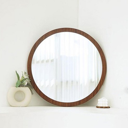 월넛 우딘 거울 RM450 은경 벽걸이 원형 거울, 브라운