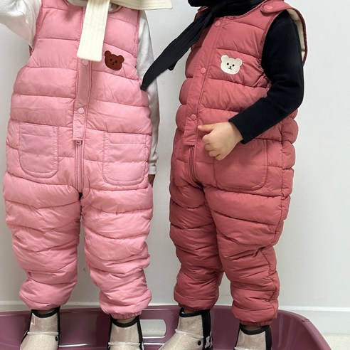 남녀공용 곰돌이 데이지 유아 키즈 방한 눈썰매 패딩 멜빵바지