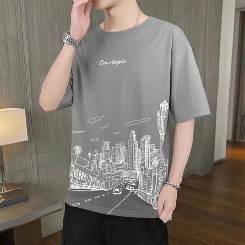 라운드 넥 반팔 티셔츠 남성 느슨한 캐주얼 패션 인쇄 5 포인트 슬리브 탑