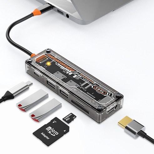 6in1 USB C타입 호환 6포트 어댑터 멀티허브 맥북 노트북 호환 SD카드 HDMI, 1개, 투명