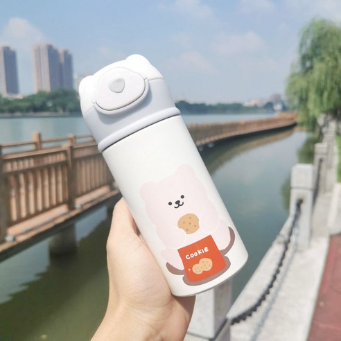 절연 컵 숙녀 크리 에이 티브 고 가치 휴대용 물 컵 하트 인 바람 간단한 짚 컵, 320ML 파우더 비스킷 베어