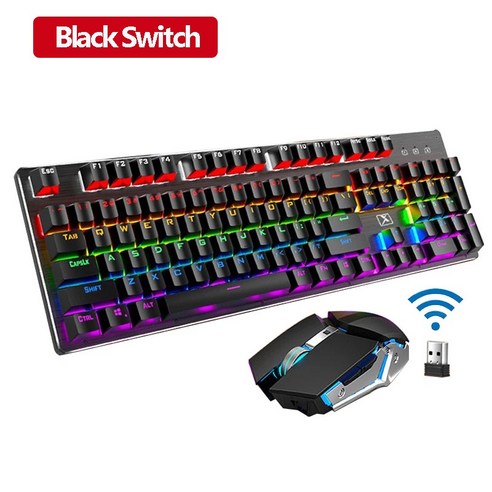 2.4G USB 게임용 무선 키보드 및 마우스 RGB 백라이트 충전식 기계식 인체 공학적 마우스 게임 PC 노트북 용, Black switch