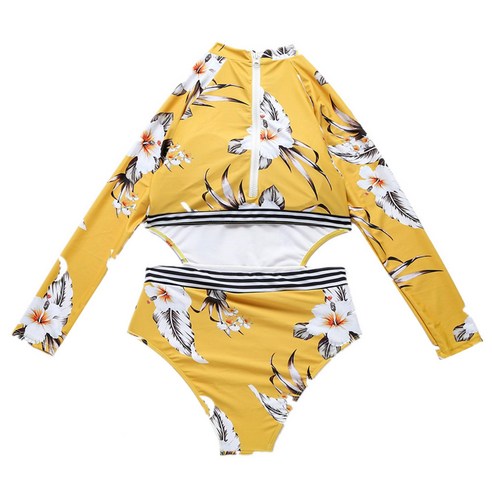 Xzante 원피스 수영복 섹시한 긴 소매 여성 인쇄 비치웨어 백 컷 수영복-M, 노란색