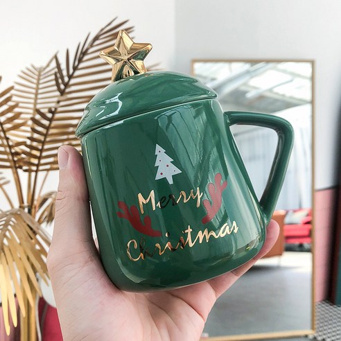창의 경사 크리스마스 도자기 컵 물컵 큰 뱃대 덮개 숟가락 싱그러운 머그컵 학생 선물 컵, 녹색 컵, 400ML