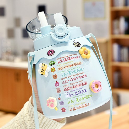 [LM] Kawaii 점보 파스텔 스티커 보온병 스테인레스 스틸 보온병 타임 마커 선물, {"크기":"800ml"}, Blue D