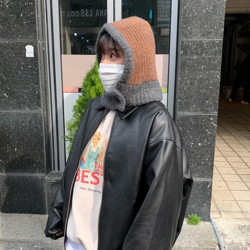 블루씨티 배색 단추 니트 후드 모자 바라클라바, 브라운