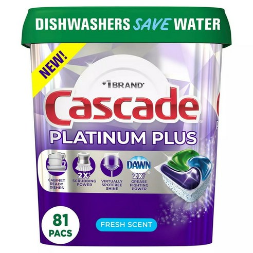 Cascade 캐스캐이드 플래티넘 식기 세척기 전용 세제 92입 프레쉬 센트 액션 팩 Platinum ActionPacs Dishwasher Detergent Fresh (92 ct.), 1.45kg, 1개