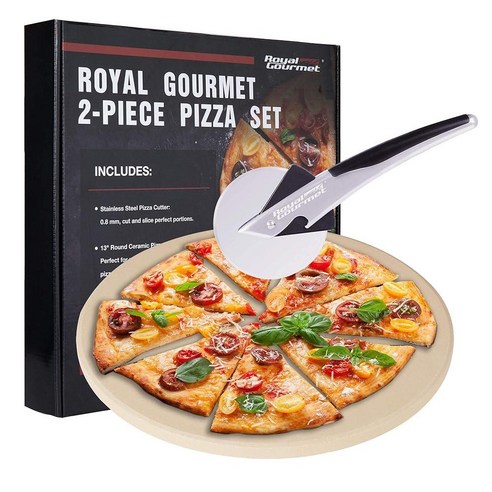 Royal Gourmet KSF1305 그릴 및 오븐용 피자 스톤 2개 세트 33cm(13인치) 원형 피자 스톤 및 피자 휠 커터 베이킹 액세서리, Pizza Stone & Pizza Cutter