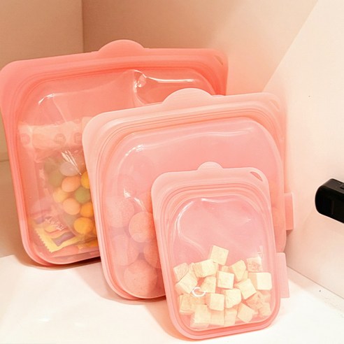 FONOW 실리콘 지퍼백 3종 세트 밀폐 전자레인지용 고급 소재 수납 정리, 110ml+1000ml+2000ml핑크, 1개