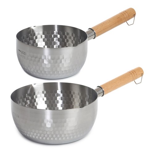 키친아트 스텐 해머톤 편수냄비 2종세트는 16cm와 20cm 냄비로 구성되어 있으며, 내열성과 목재 손잡이의 보온 효과가 특징입니다.