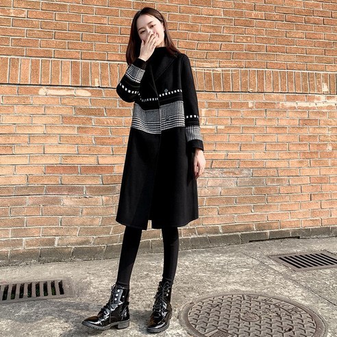 [BINIWU]여자 블랙 트위드 코트 롱 코트