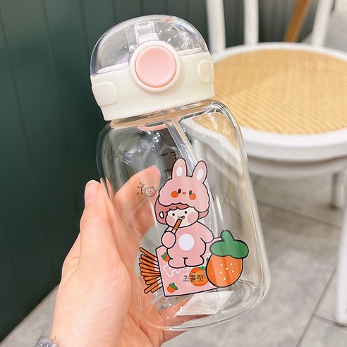 DFMEI 새로운 물 컵 여성용 유리 내열 방폭 고온 내성 토끼 휴대용 컵, DFMEI 분홍색, 500ml