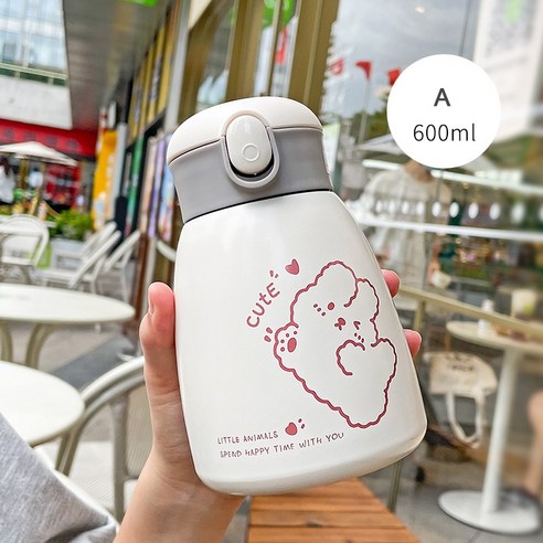 [LM] 600ml 곰 스티커 물병 스테인리스 보온병 짚 진공 절연 휴대용 Leakproof 텀블러 컵 선물, {"크기":"600ml"}, White A