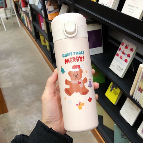 smy물 컵 여학생 귀여운 보온병 컵 간단한 크리 에이 티브 한국어 크리스마스 소녀 심장 휴대용 엘크 컵, 크리스마스 곰 450 Ml, 하나