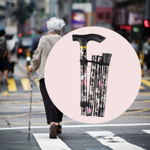 스페셜라이프 가벼운 4단 접이식 어르신 지팡이, 1개, 검은색 꽃무늬