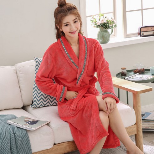 DFMEI-Y 가을 겨울 커플 잠옷 여성 산호 양털 목욕 가운 긴 소매 잠옷 남성 짙은 플란넬 목욕 가운 홈 착용, DFMEI P06 레드 리본 여성, {"패션의류/잡화 사이즈":"M"}