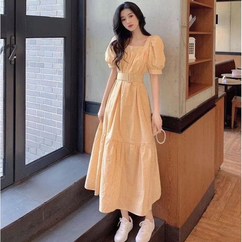 여성용 체크 요대 반팔 퍼프 소매 롱원피스+1PCS 브랜드 맞춤 양말