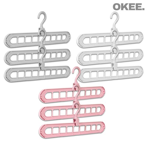 OKEE 공간절약 만능 옷걸이 접이식 9홀 행거, 화이트3P + 그레이3P + 핑크3P, 1세트