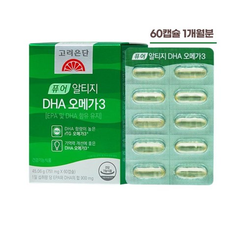 고려은단 퓨어 알티지 DHA 오메가3 751mg 60캡슐 식물성 rTG, 60정, 1박스