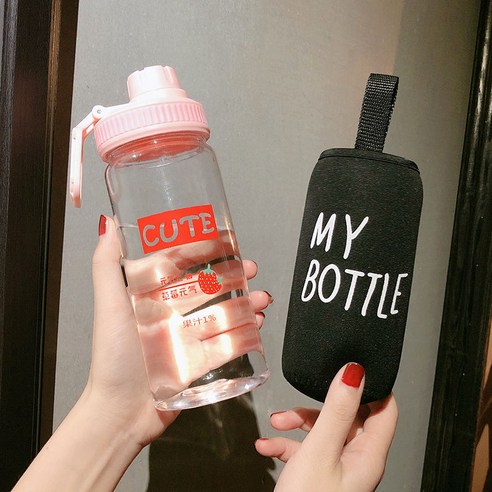 [LM] 500ml 플라스틱 물병 투명/반투명 병 귀여운 물병 카톤 딸기 물병 전화 스탠드 휴대용, 2_500ml