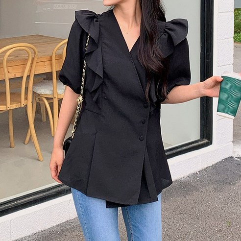 로로텐 랩 브이넥 프릴 반팔 블라우스 여성 빅사이즈