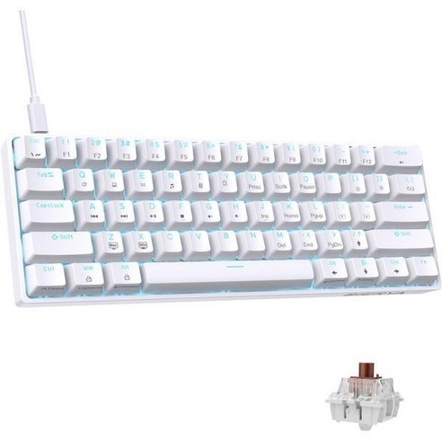 DK61SE 60 기계식 게임 키보드 61개 키 안티고스팅 LED 백라이트 분리 가능한 USBC Windows 노트북 PC 게, White, Brown Switch