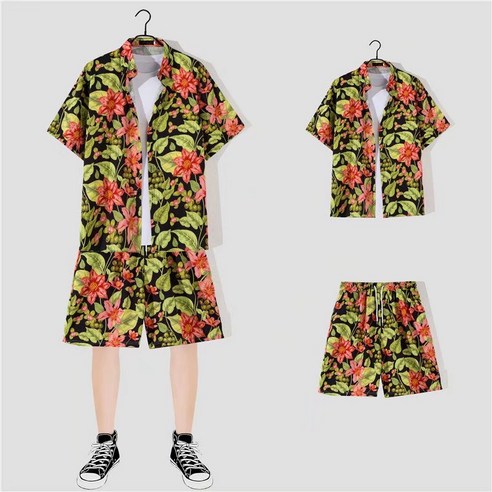 M-3XL 남성 캐주얼 편안한 반팔 꽃 셔츠 여름 하와이 휴가 스타일 반바지 정장 TZ2127