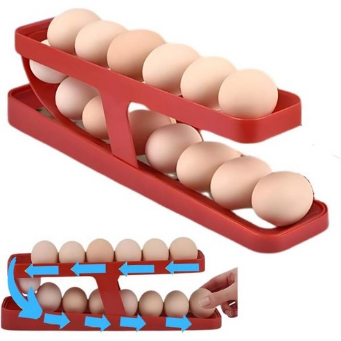 냉장고 교체 부품 악세사리 2단 롤링 에그 디스펜서 투명 달걀 홀더 트레이 및 정리함 롤다운용 주방 레드로코의 스탠다드 라지 또는 점보 12~14개 보관함, Red