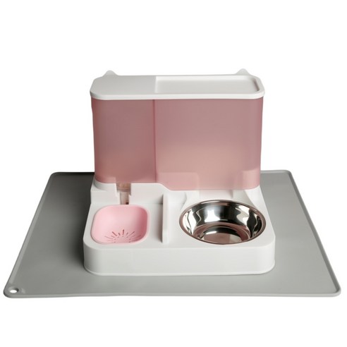 고양이 강아지 일체형 반자동 급식기 및 급수기 세트 + 애완동물 매트, 핑크색 – 1세트 강아지 용품
