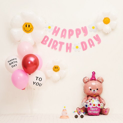 [피앤비유니티] 데이지곰돌이 가랜드형 생일풍선세트, 03)데이지곰돌이 가랜드형-핑크, 1세트